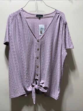Eclipse Lavender Eyelet Button-Tie Short Sleeve Top